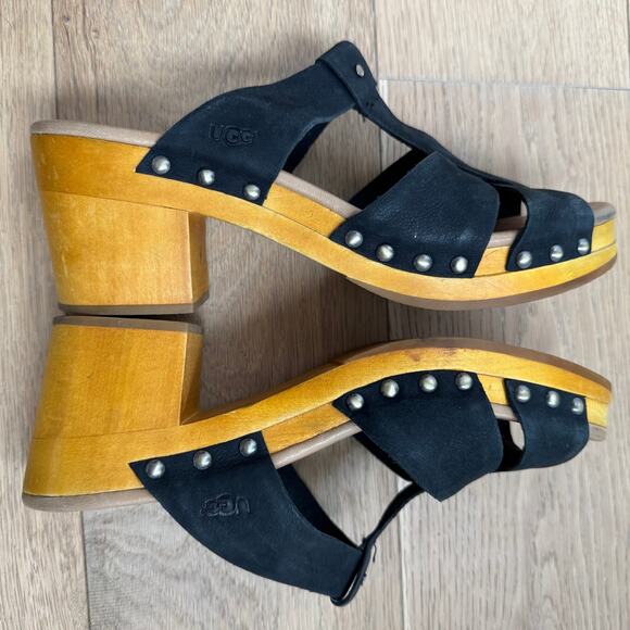UGG Australia Jennie Black Leather Studded Boho Wooden Clog Sandals Size 9 - Picture 8 of 9